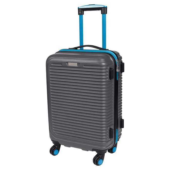 Maleta rigida de viaje tipo carry on con ruedas, color gris con cierre en diferentes colores, mango retractil y chapa de seguridad, doble compartimento interior con cierre y tensor para ropa.