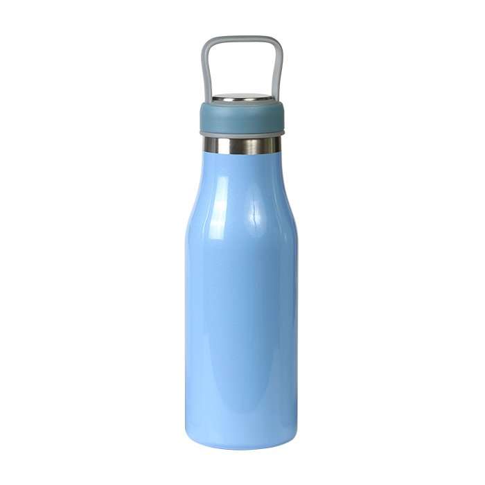 Termo de acero inoxidable con asa de plastico y detalles metalicos, capacidad de 510 ml.
