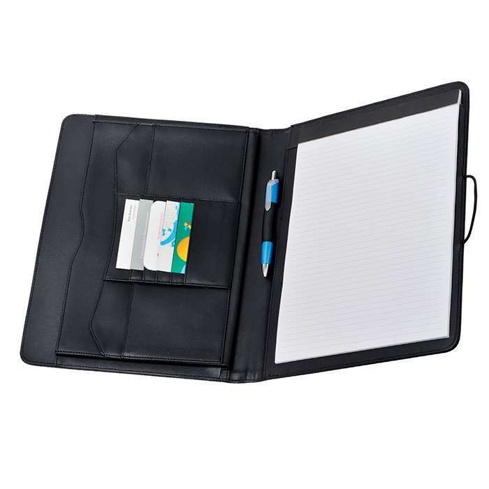 Carpeta de lujo tipo portafolio, fabricada en curpiel con compartimentos interiores, block de 30 hojas tama?o carta y porta pluma. No incluye pluma.
