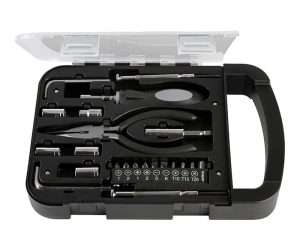Set de herramientas en estuche de plastico con asa y 22 piezas: Pinzas, 2 desarmadores, 10 puntas intercambiables, adaptador para puntas, 5 dados, 2 llaves allen y mango para dados.