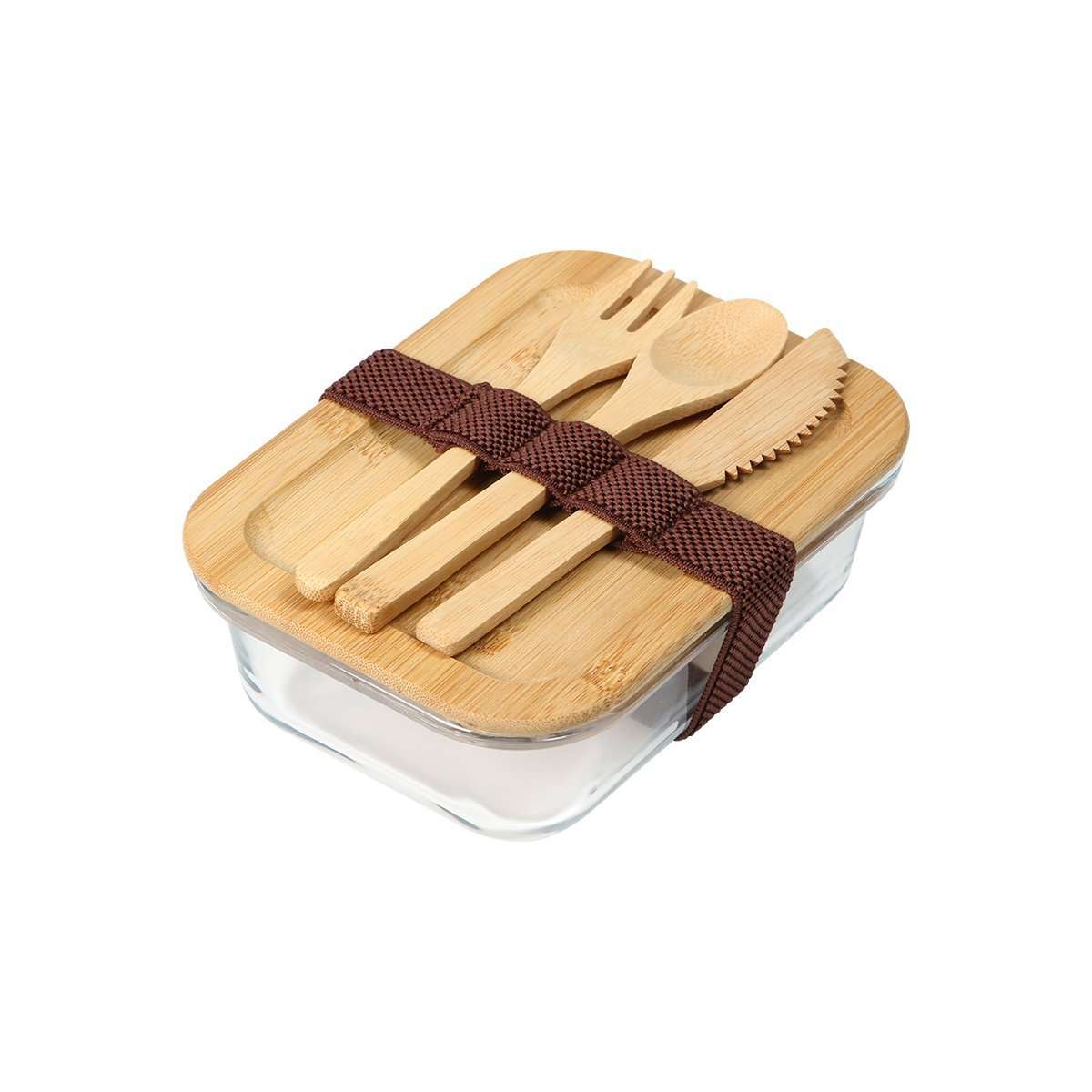 Contenedor para alimentos fabricado en vidrio, con banda elastica, tapa y cubiertos de bamboo.
