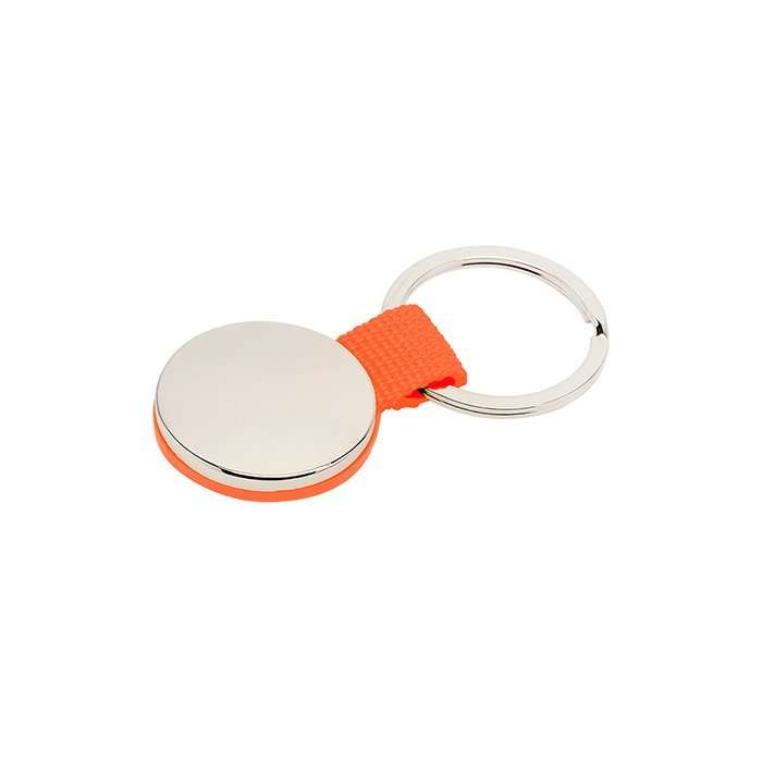 Llavero redondo metalico con tela. Incluye caja.