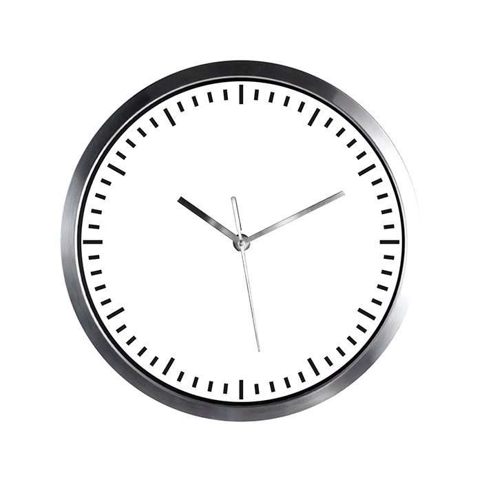 Reloj de pared con arillo metalico y proteccion de cristal. Incluye caja de carton individual y baterias.