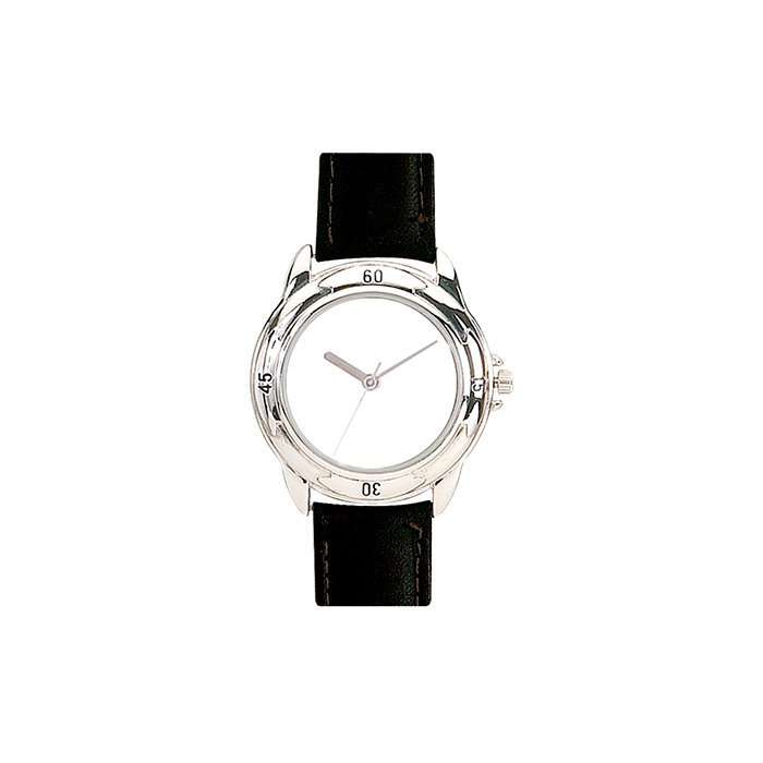 Reloj con caja metalica, dial en bisel y correa de piel. Incluye estuche metalico.