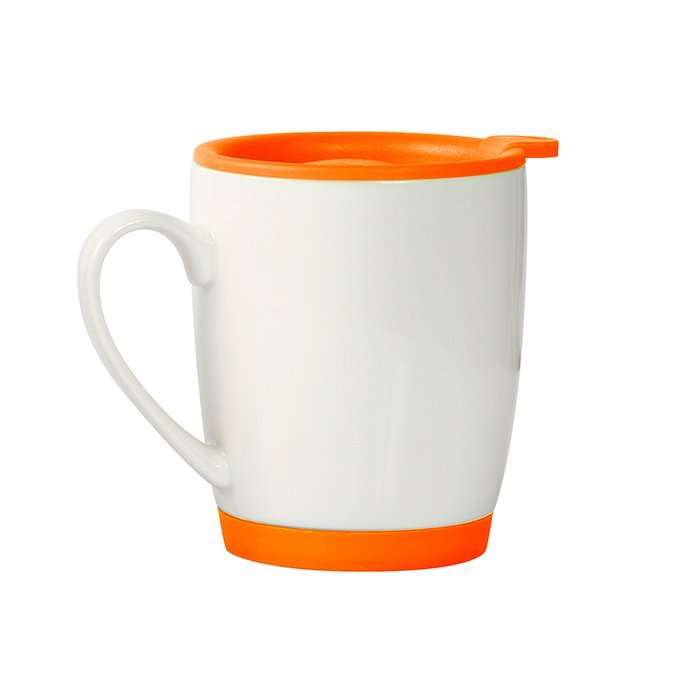 Taza de ceramica blanca con tapa y base tipo Ruber en color, capacidad de 300 ml.