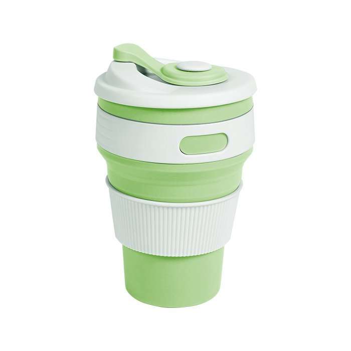 Vaso plegable fabricado en silicon y polipropileno con tapon protector, capacidad de 350 ml.