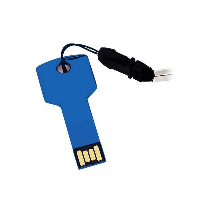 Memoria USB metalica en forma de llave de 8 GB, ensamblada en 1 sola pieza. Incluye estuche de plastico y colgante.
