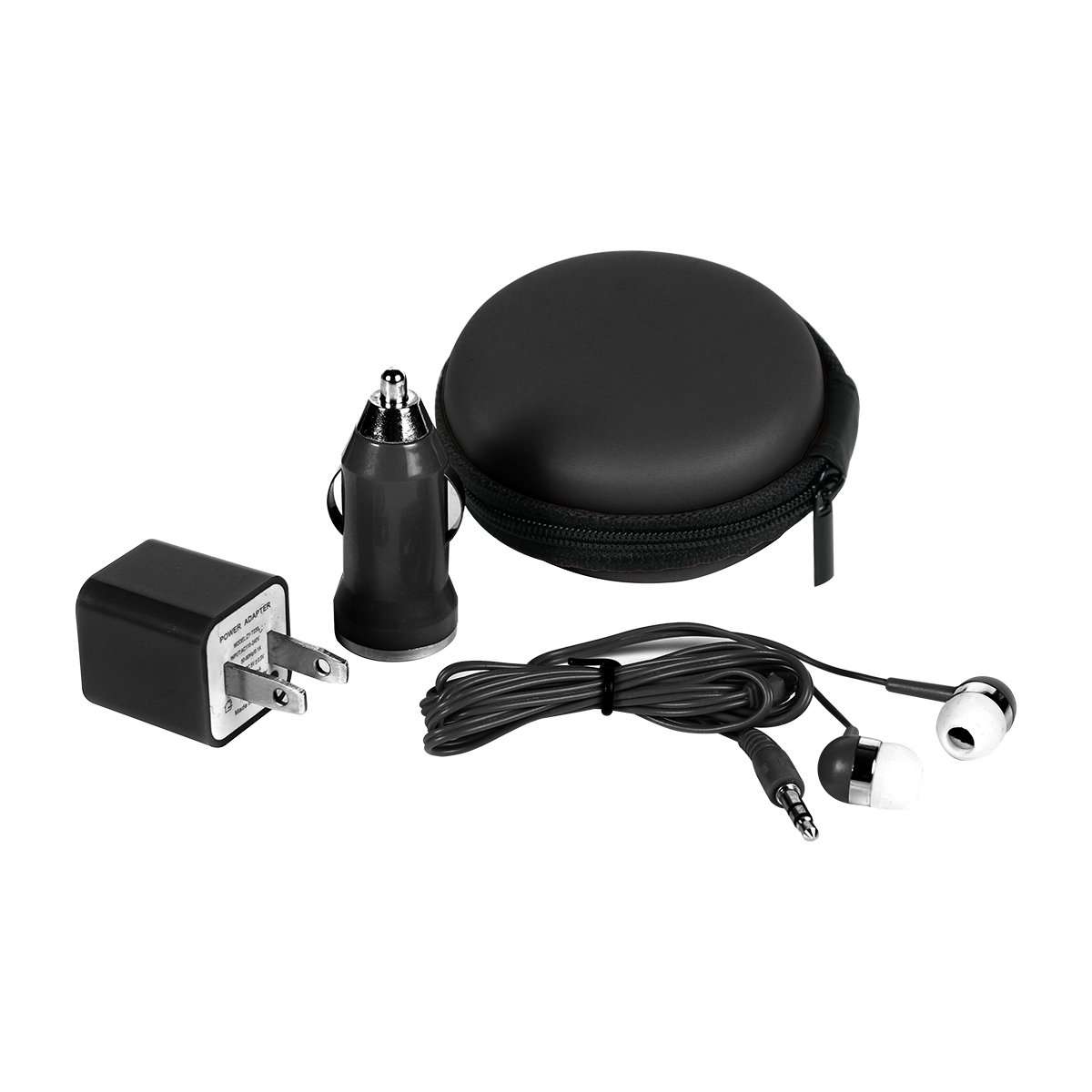 Kit de viaje con cargador de auto doble entrada, cargador de pared y audifonos de conexion jack 3,5 mm. Estuche individual con cierre.