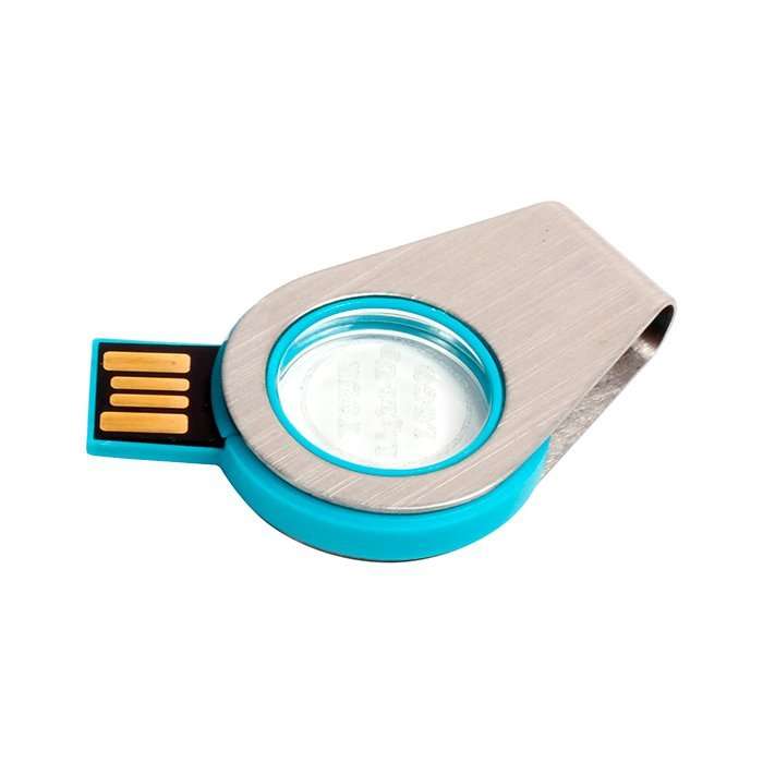 Memoria USB de plastico con metal, giratoria con luz y capacidad de 8 GB. Incluye estuche de plastico.
