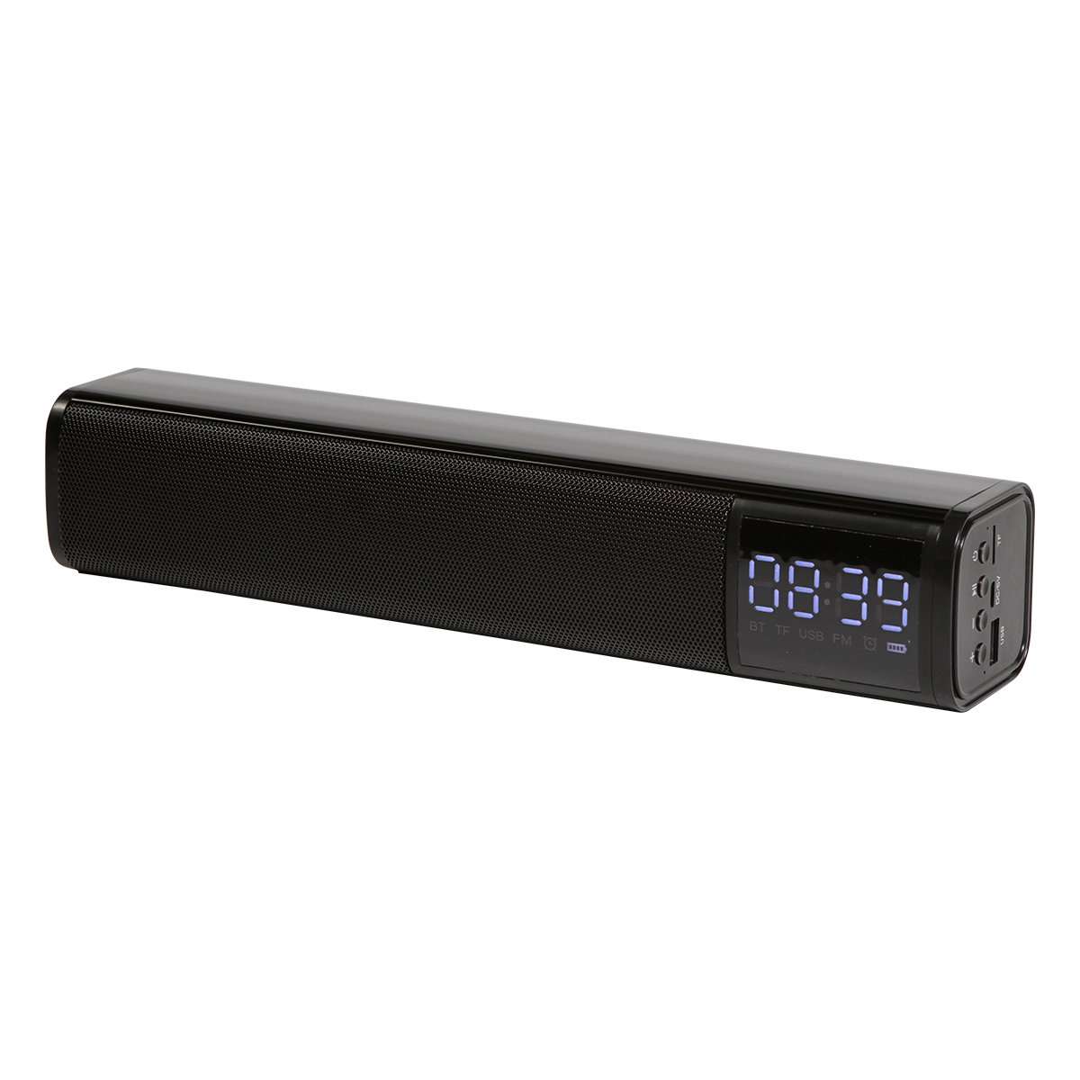 Bocina bluetooth fabricada en plastico con alarma, radio FM, entrada para usb y tarjeta TF.