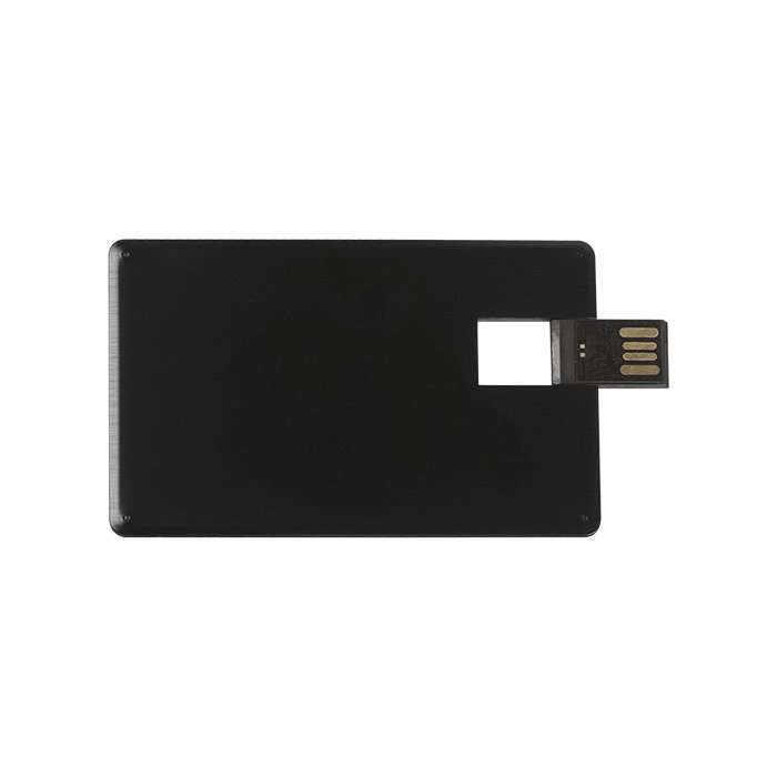 Memoria USB metalica de 8 GB, tipo tarjeta en estuche de plastico.