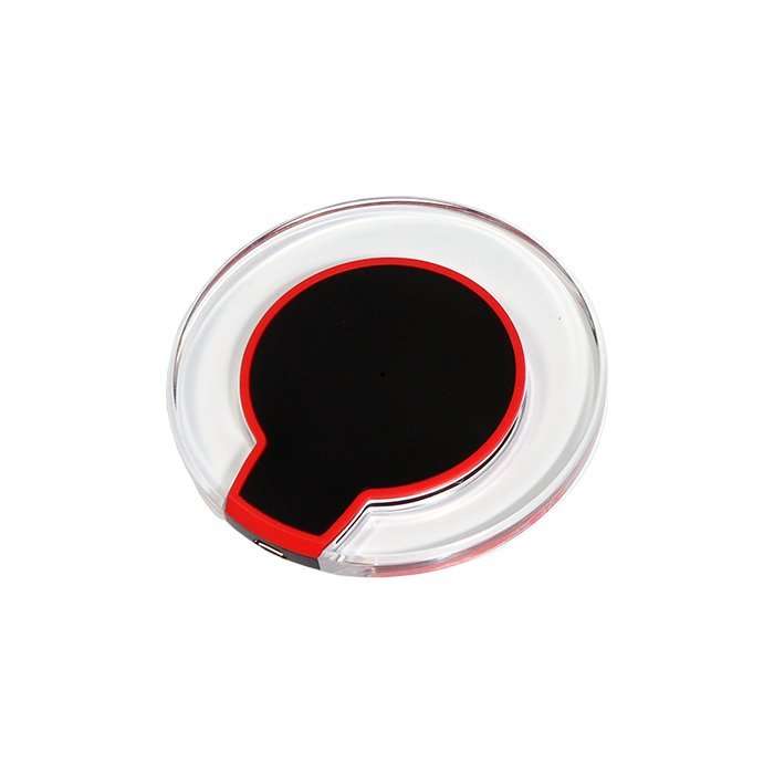 Cargador inalambrico fabricado en plastico, compatible con la nueva tecnologia Qi, carga de alta velocidad, material de alta calidad, dise?o efecto de cristal con iluminacion led, proteccion frente a cortos circuitos y descargas. Amplia area de impresion,