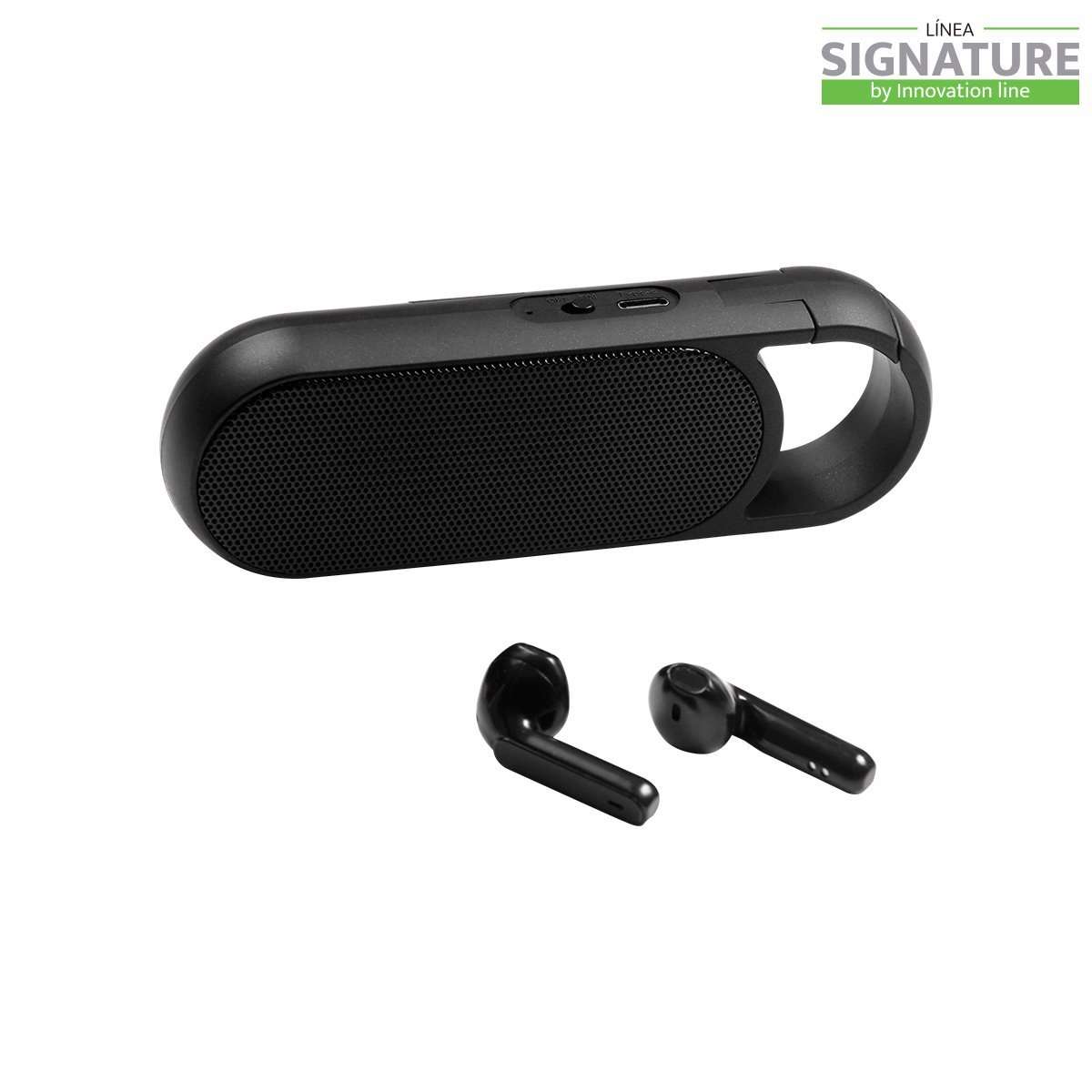 Bocina Bluetooth con Auriculares inalambricos incluidos y arnes para facilitar la transportacion. Carga a traves de cable USB (incluido). Incluye caja de carton individual.