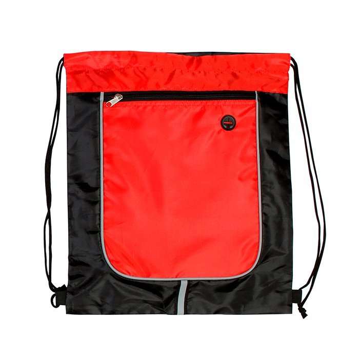 Morral tipo saco fabricado en poliester con jaretas, salida para audifonos y bolsa en frente con cierre.